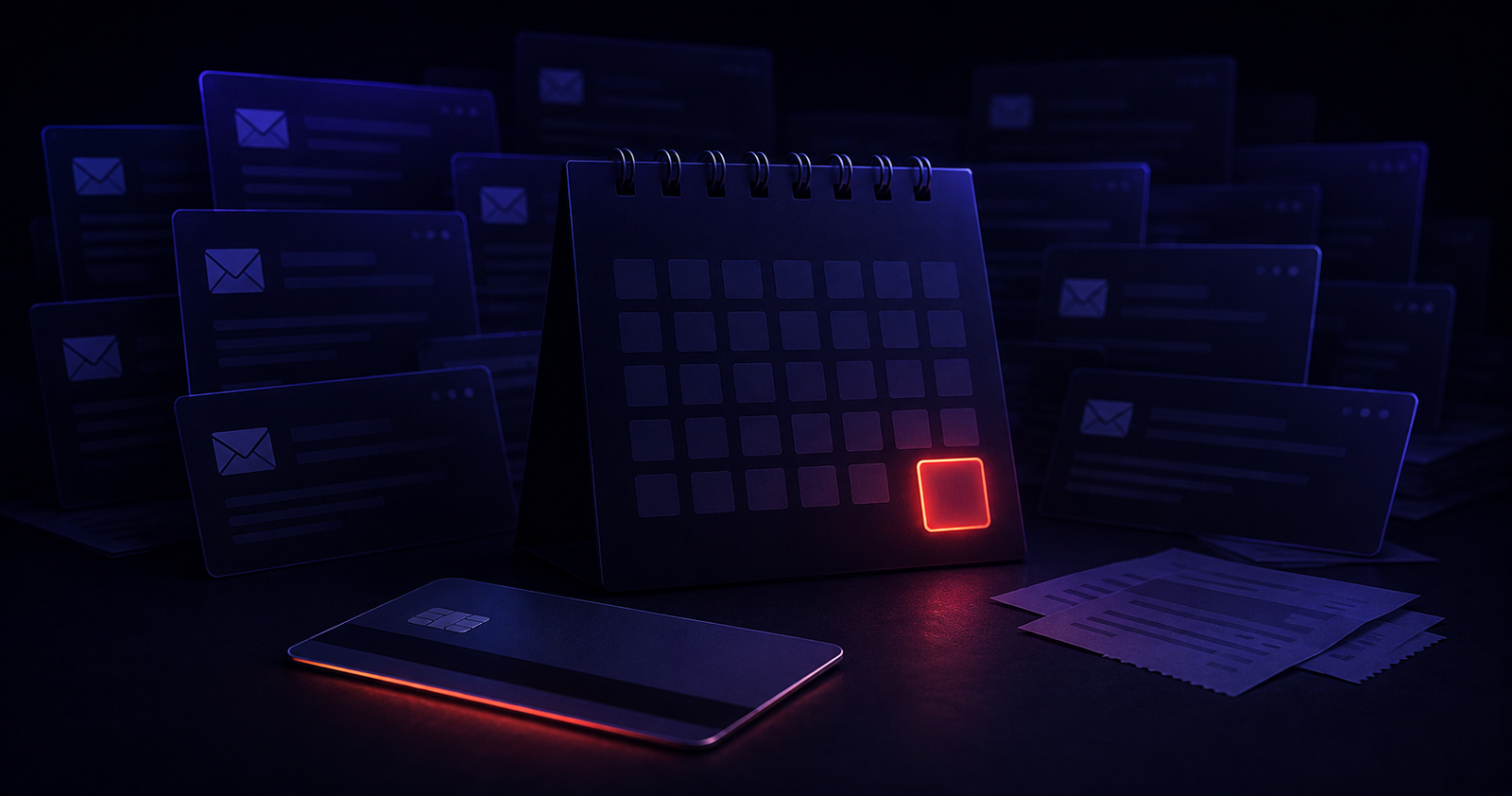 A dark calendar with a glowing red deadline date highlighted, surrounded by faded email notifications and a credit card with a red warning glow, on a near-black surface