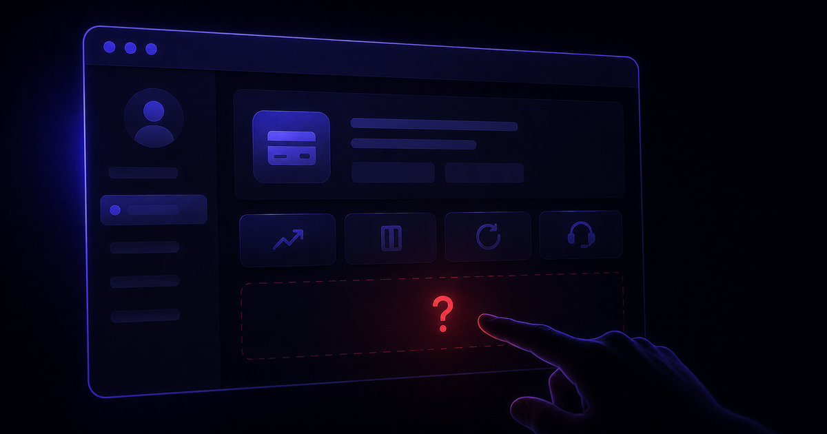 A dark billing settings interface showing multiple action buttons but a glowing red question mark where the cancel button should be, with a finger pointing at the empty space